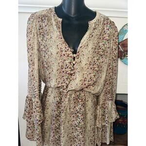 PARKER 100% SILK TINY FLORAL PRINT BELL RUFFLE SLEEVED BOHO DRESS XS